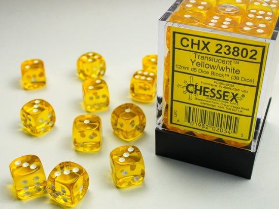 Translucent: 12mm Pip D6 Yellow/White (36)