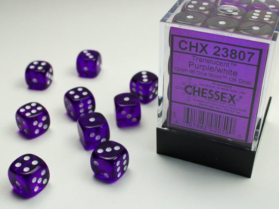 Translucent: 12mm Pip D6 Purple/White (36)