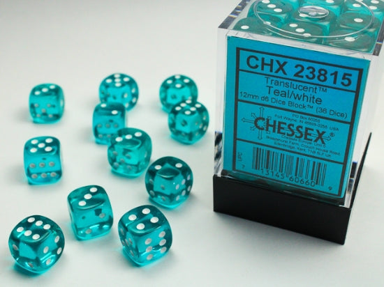 Translucent: 12mm Pip D6 Teal/White (36)