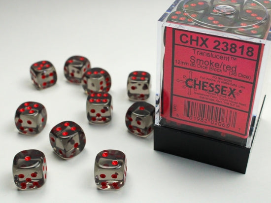 Translucent: 12mm Pip D6 Smoke/Red (36)