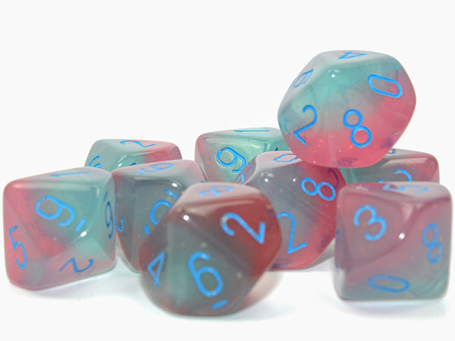 Chessex Gemini: Gel Green-Pink/blue Luminary Set of 10 d10s