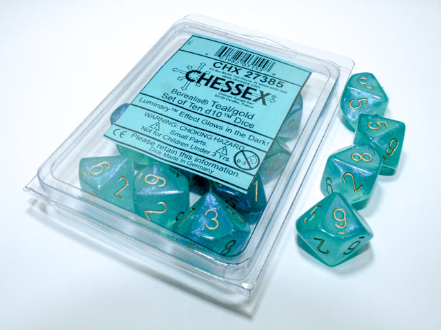 Chessex Borealis: Teal/gold Luminary Set of Ten d10s