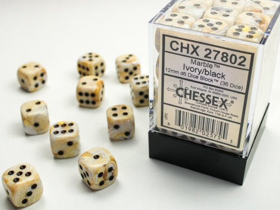 Marble: 12mm Pip D6 Ivory/Black (36)
