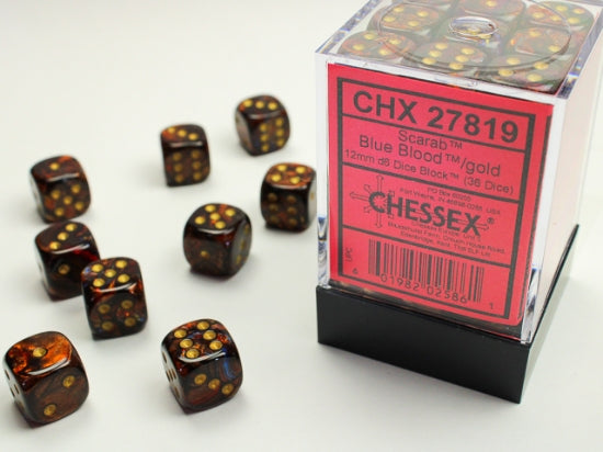 Scarab: 12mm Pip D6 Blue Blood/Gold (36)