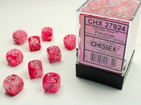 Ghostly Glow: 12mm Pip D6 Pink/Silver (36)