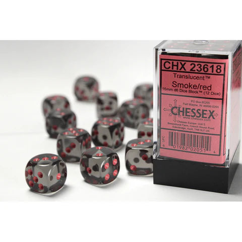 Translucent: 16mm Pip D6 Smoke/Red (12)