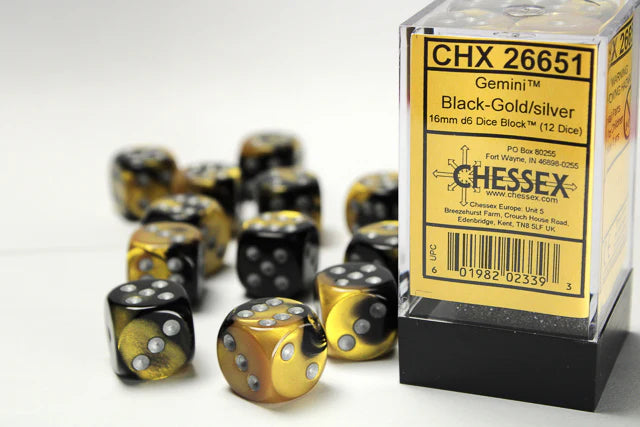 Chessex Gemini 12D6 Black-Gold/Silver 16MM