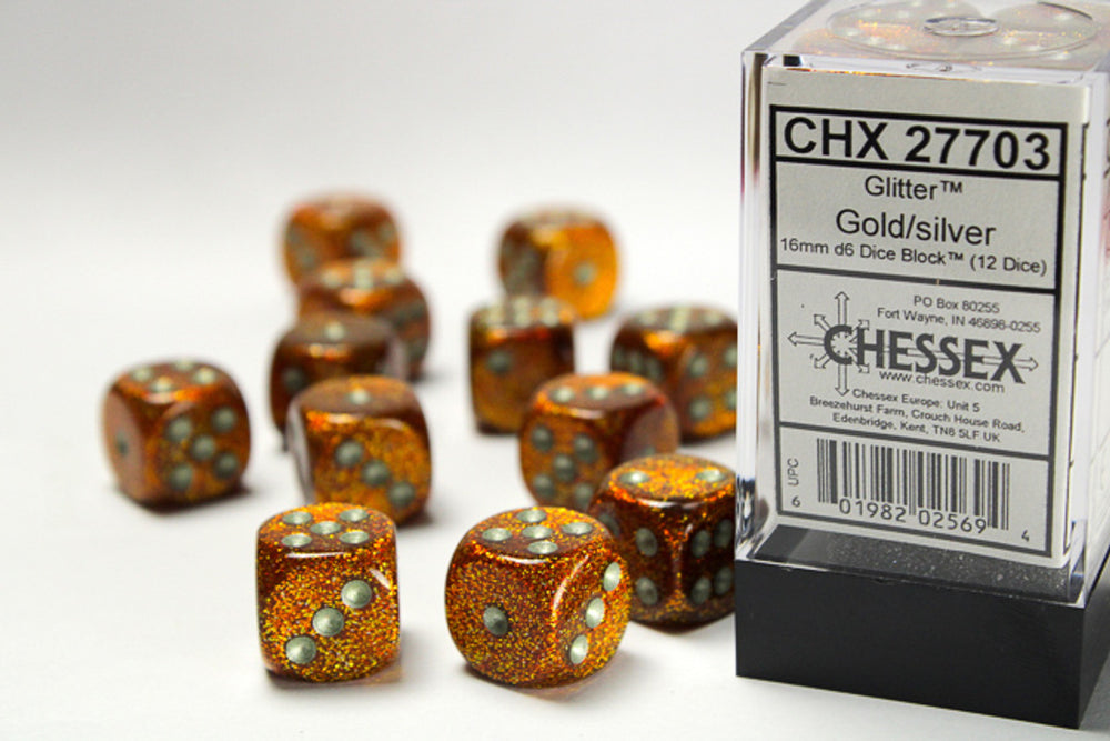 Glitter: 16mm Pip D6 Gold/Silver (12)