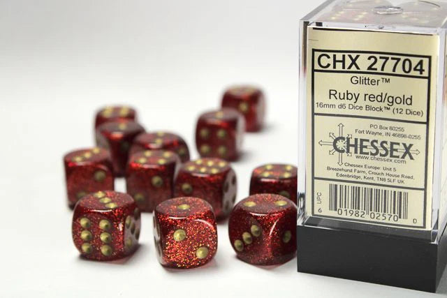 Glitter: 16mm Pip D6 Ruby Red/Gold (12)