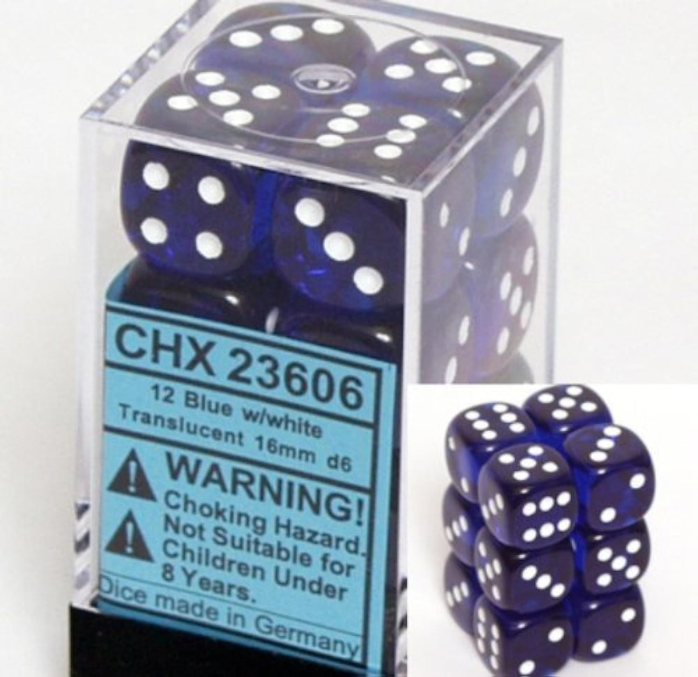 Translucent: 16mm Pip D6 Blue/White (12)