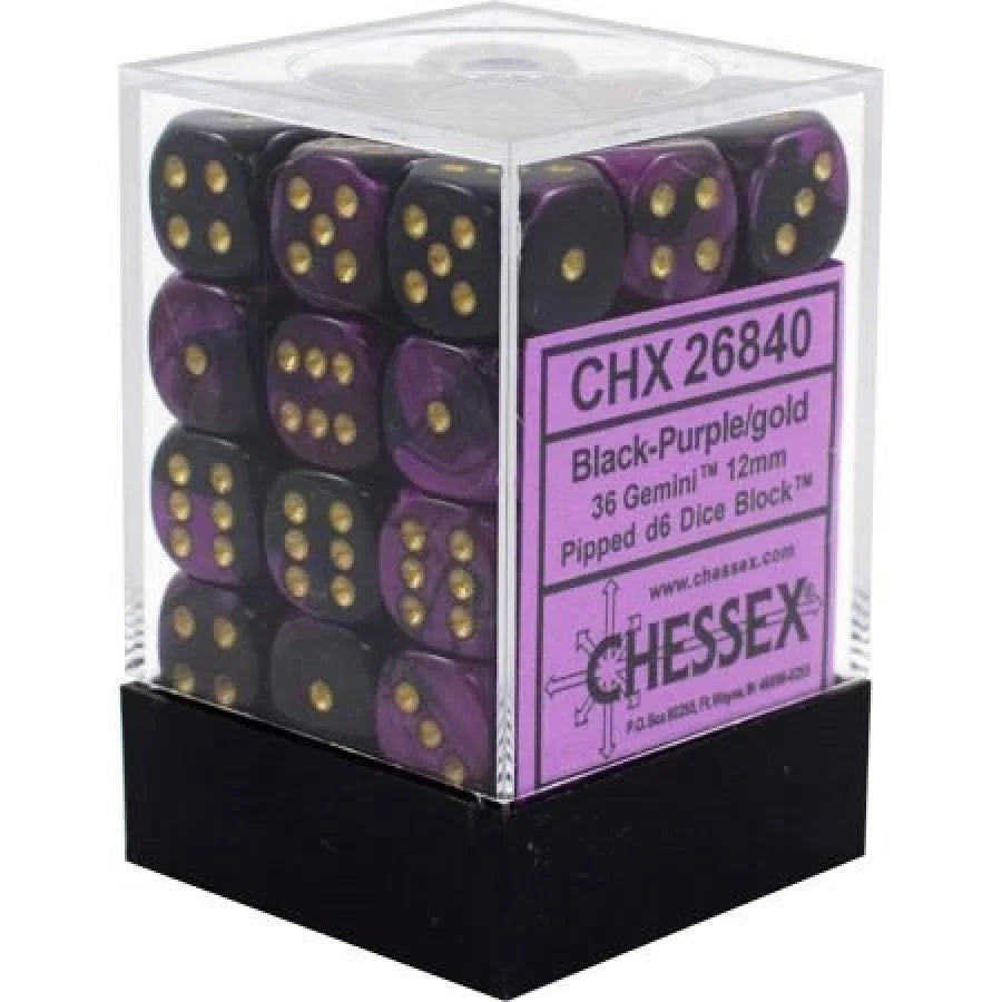 Chessex 12mm D6 Set of 36: Gemini Black-Purple / Gold