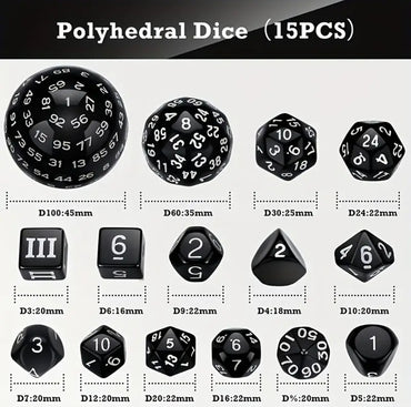 15-Piece Complete Polyhedral D3-D100 Spherical RPG Dice Set