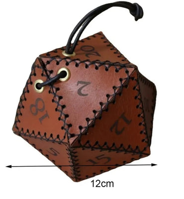 Brown Pleather Stitched D20 Drawstring Dice Pouch