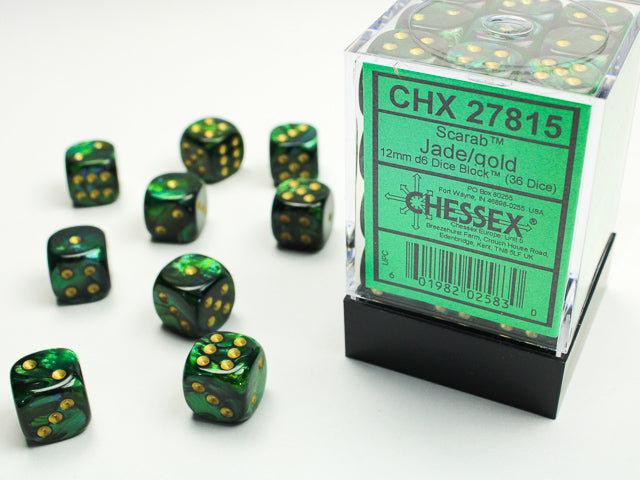 Scarab: 12mm Pip D6 Jade/Gold (36)