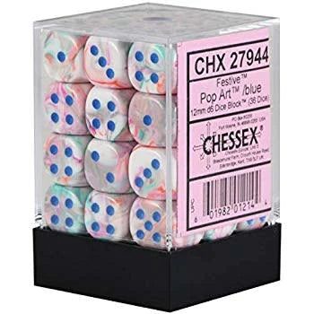 Chessex 12mm D6 Set of 36: Festive Pop Art / Blue
