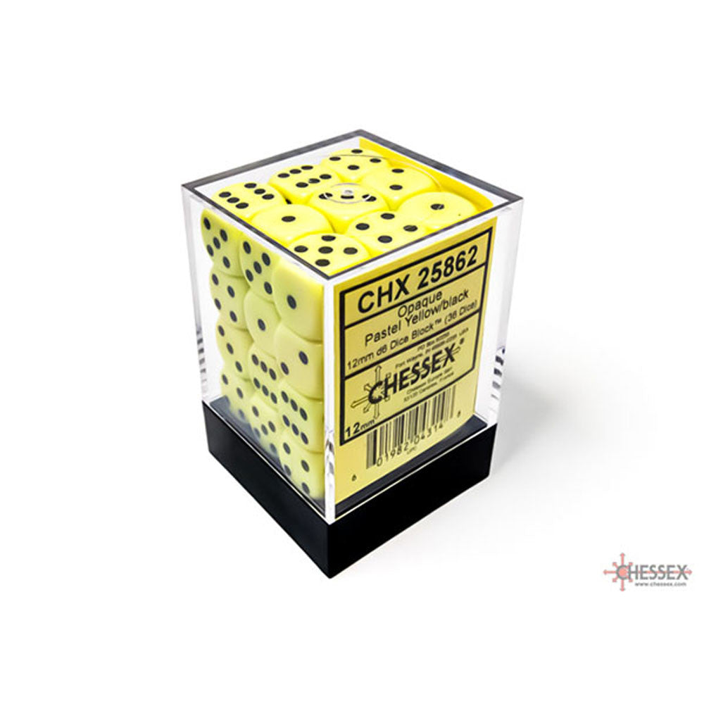 Opaque 12mm d6 Pastel Yellow/black Dice Block (36 dice)