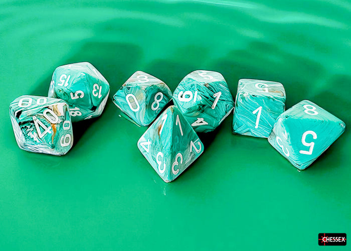 Scarab: Mega-hedral Marble Oxi-copper/White 7 Dice Set