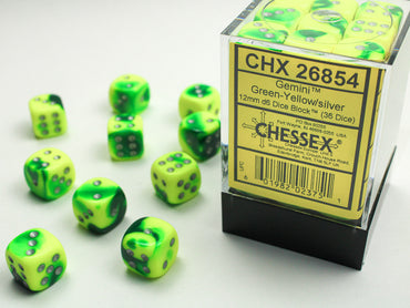 Gemini Green-Yellow/silver 12mm d6 Dice Block