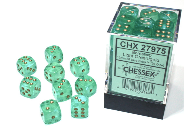 Borealis Light Green/gold 12mm d6 Dice Block