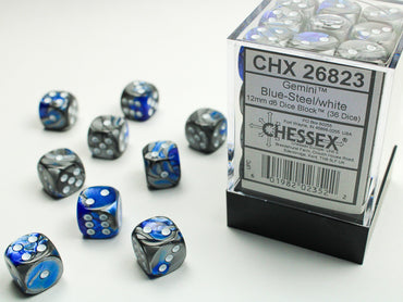 Gemini Blue-Steel/white 12mm d6 Dice Block